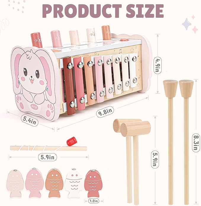 Joyreal Montessori Toys for 1 Year Old Girl Gift - Pink Wooden Hammering Pounding Toy with Xylophone & Fishing Game - Toddler Learning Activities for Kids 1+ 2 3 Year Old Christmas Birthday Gifts
