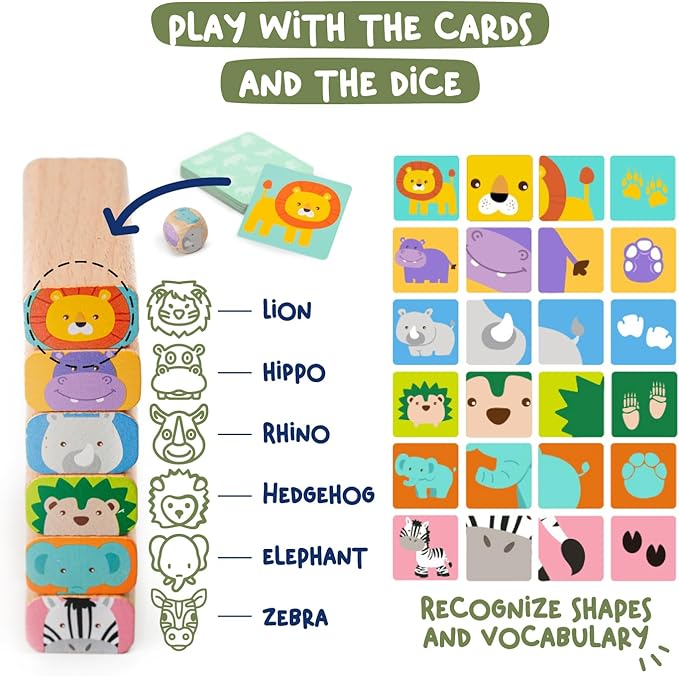 Nene Toys Wooden Block Stacking Game β 4-in-1 Tumble Tower Family Board Game with Building Blocks, Cards and Dice β African Safari Educational Wooden Toy for Kids 3-9 Years Old About Animals