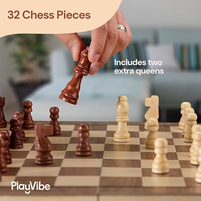 15" Wooden Chess Sets - Board Game with 2 Extra Queens | Wooden Chess Board Set | Chess Sets for Adults & Kids