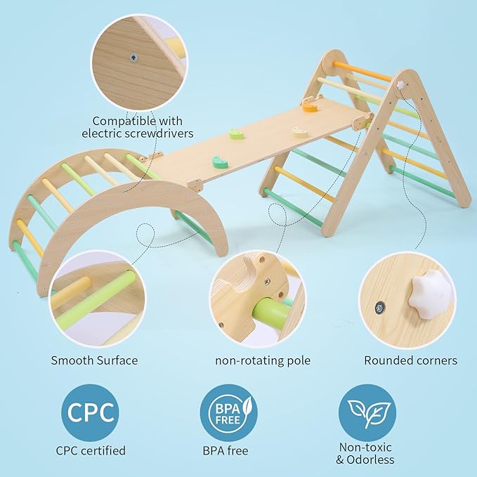 Pikler Traingle Set 7-in-1 Wooden Climbing Kits Toy Foldable Montessori Toy Jungle Gym Playing Sets with Arch-Ramp-Ladder Indoor Climber(Climbing Sets)