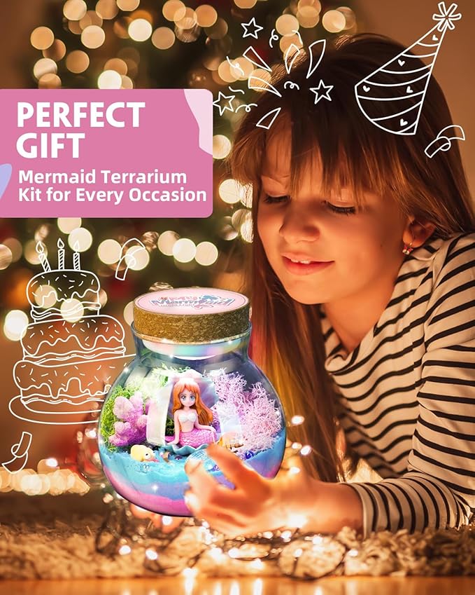 Light-Up Mermaid Terrarium Kit for Girls, DIY Arts & Crafts Gift for Girls Ages 4-6 7 8-12 Year Old, LED Night Light with Remote, Best Mermaid Birthday Decoration Toys Back to School Gifts for Kid