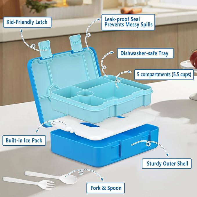 Chill Lunch Box Kids, Leak Proof Adult Bento Box with Ice Pack, 6 Compartment Lunch Container with Utensils for Girl Boy Back to School, 5.5-Cup Capacity, Dishwasher Safe, BPA Free