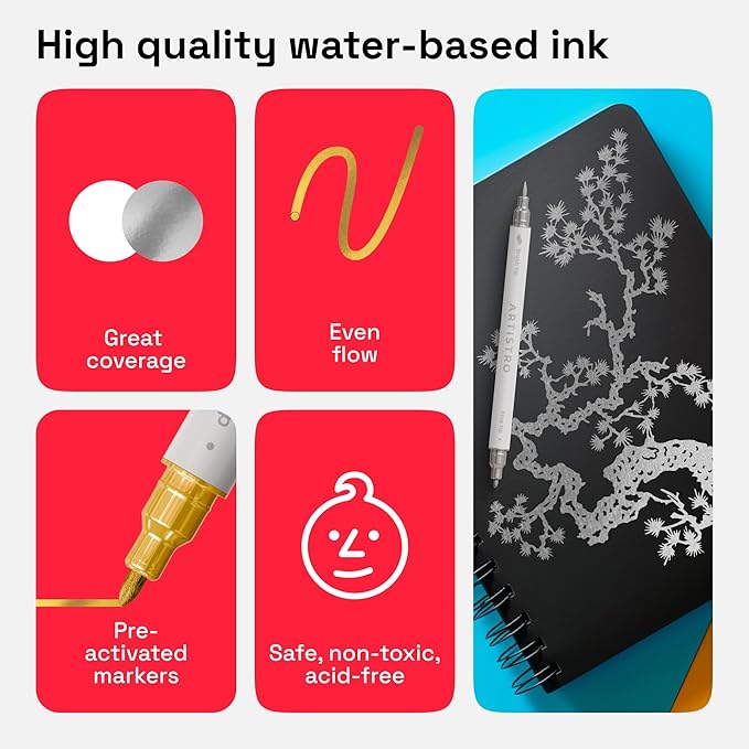 ARTISTRO 2 Gold&Silver Dual-Tip Acrylic Paint Pens - Multisurface Metallic Markers for Glass, Rock, Fabric, Wood, Plastic & More - 1 mm Fine & Brush Tips