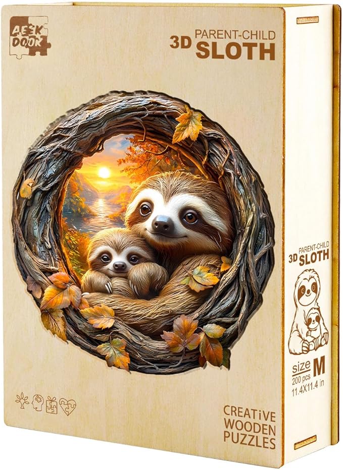 Wooden Puzzles for Adults - 100 Pieces 3D Parent-Child Sloth Wooden Puzzle - Unique Animal Shape Wood Cut Puzzles - Eco-Friendly Home Office Decor (S-8.5 * 8.5in)
