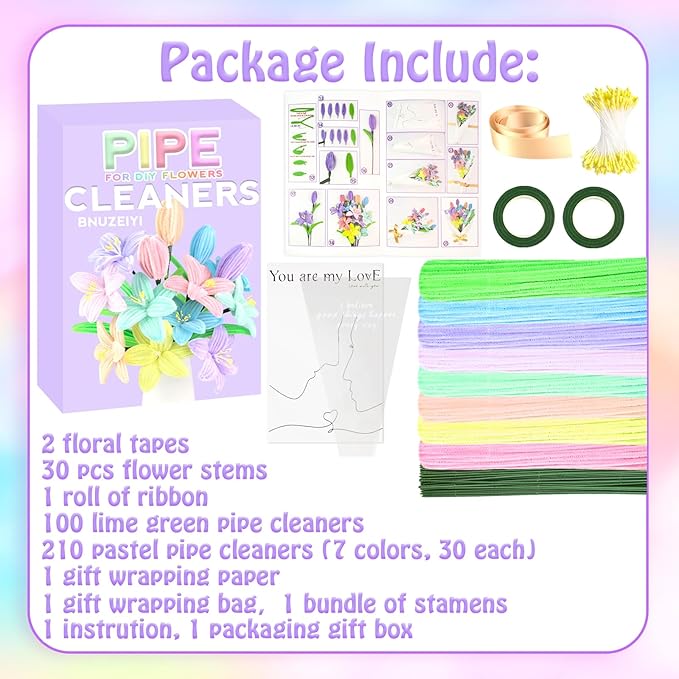 Pipe Cleaners Craft Kit 8 Assorted Colors Pipe Cleaners Bulk Flower Making Kit Chenille Stems DIY Arts and Crafts Supplies for Kids Adults Creative Bouquet Festival Home Decor Toys Gifts, Lily