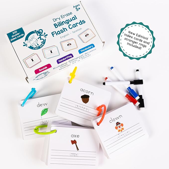 Dry Erase Spanish Flash Cards for Kids | English - Spanish Alphabet Flash Cards for Beginners - Set of 200 ESL Teaching and Learning Bilingual Flashcards for Writing and Reading Games.