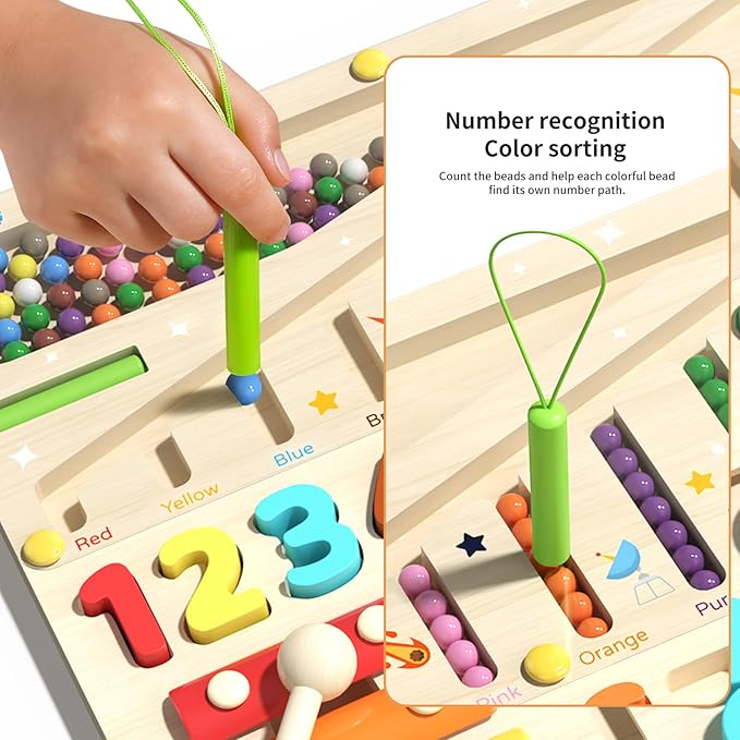 Montessori Learning Toys Busy Board Sensory Toys for Autistic Children, 4-in-1 Wooden Toy with Magnetic Color Number Maze, Xylophone, Sliding Puzzle & Number Match for Kids Ages 3+