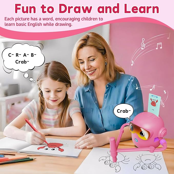 Drawing Robot for Kids, with 100 Word Cards, 12 Color Pens, Voice Interactive Educational Drawing Machine, Montessori Painting Learning Toys for 3 4 5 6 7 8 Year Old Boys Girls Birthday Party (Pink)