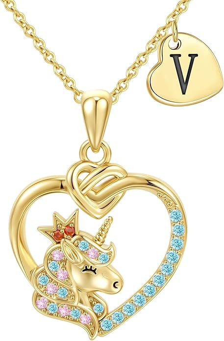 Unicorn Initial Necklaces for Girls Kids Women - 18K Really Gold Filled Unicorn Initial Letter Necklace Teen Girls Gifts Trendy Stuff Heart Letter Necklace for Women Girl Kids Gifts