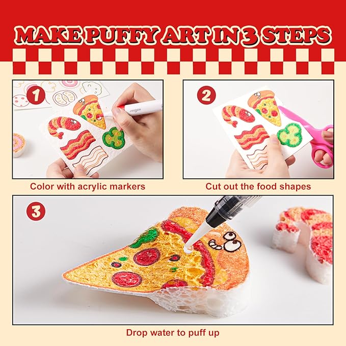 Jar Melo Magic Puffy Paint Pizza Kit, 27 Pcs Magic Foam Texture Painting Kit, 3D Art Foam Paper, Puffy Paint Crafts for Kids Ages 4-8, DIY Creative Gifts for Girls and Boys