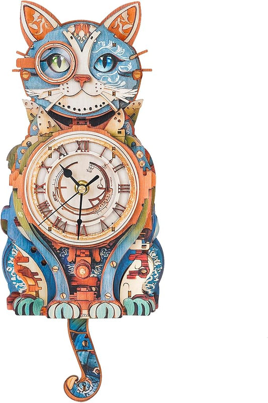 3D Wooden Puzzles for Adults Cat Clock - Model Building Kit Clock Puzzle Creative Craft Gift Home Deco for DIY Enthusiasts, Brain Teaser Building Set Birthday Gifts