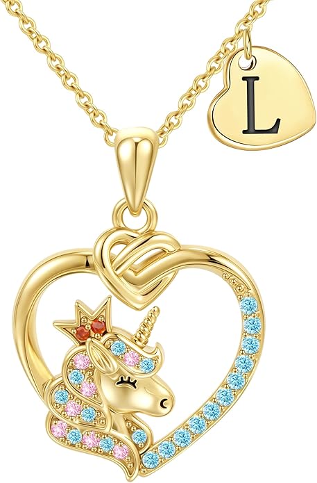 Unicorn Initial Necklaces for Girls Kids Women - 18K Really Gold Filled Unicorn Initial Letter Necklace Teen Girls Gifts Trendy Stuff Heart Letter Necklace for Women Girl Kids Gifts