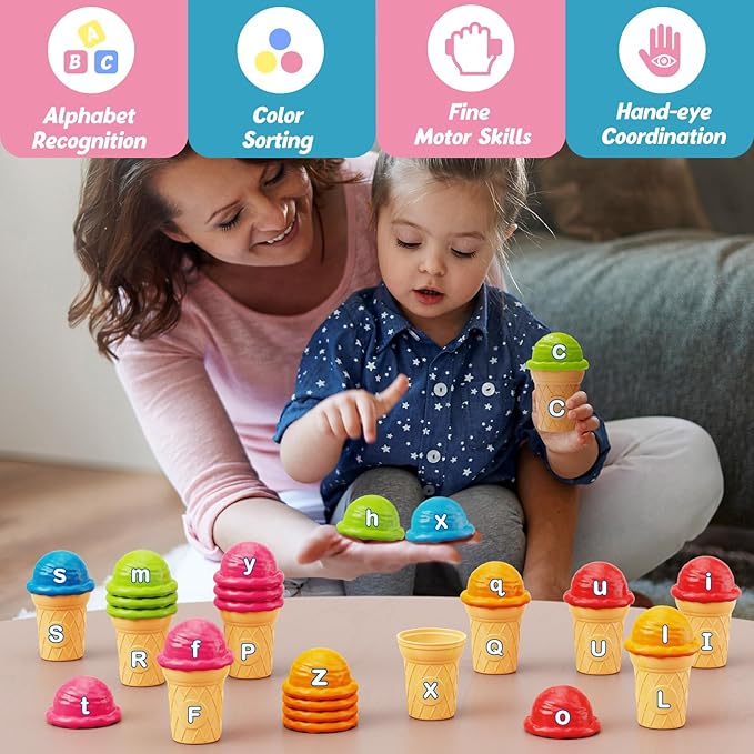 Aizweb Ice Cream Alphabet Learning Toys,Color Sorting Matching Letter Game for Toddlers,Stacking Montessori Preschool Kindergarten Learning Activities,Educational ABC Fine Motor Skills Toys
