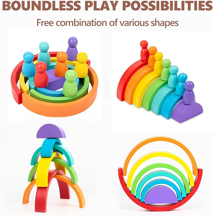 Wooden Rainbow Stacking Toy, Wood Peg Dolls Stacker Arch Game, Montessori Arch Bridge Rainbow Building Blocks, Colorful Stacking Blocks Puzzles for Kids 2 3 4 5 Years Old, Rainbow Decor Toys