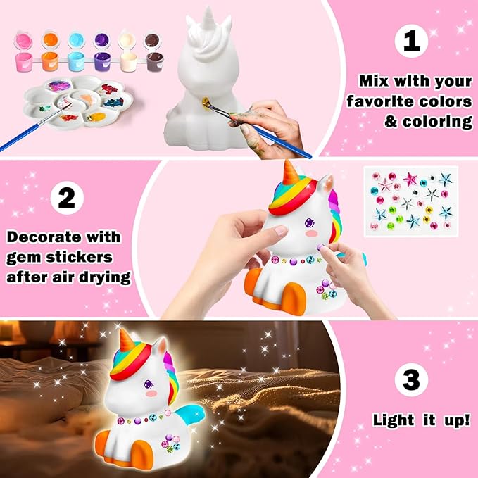 FUNZBO Paint Your Own Unicorn Lamp Kit - Arts and Crafts Supplies Painting Kits for Kids Teens Adults, DIY Night Light Unicorn Toy for Toddlers Girls Boys Age 3 4 5 6 7 8 9 10 11 12 13 + Birthday Gift