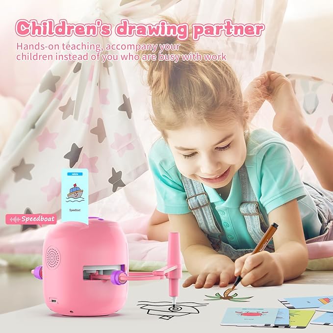 Interactive Educational Drawing Robot for Kids - Montessori Learning Toy with 100 Word Cards, Voice Interaction, Ages 5+ (Pink)