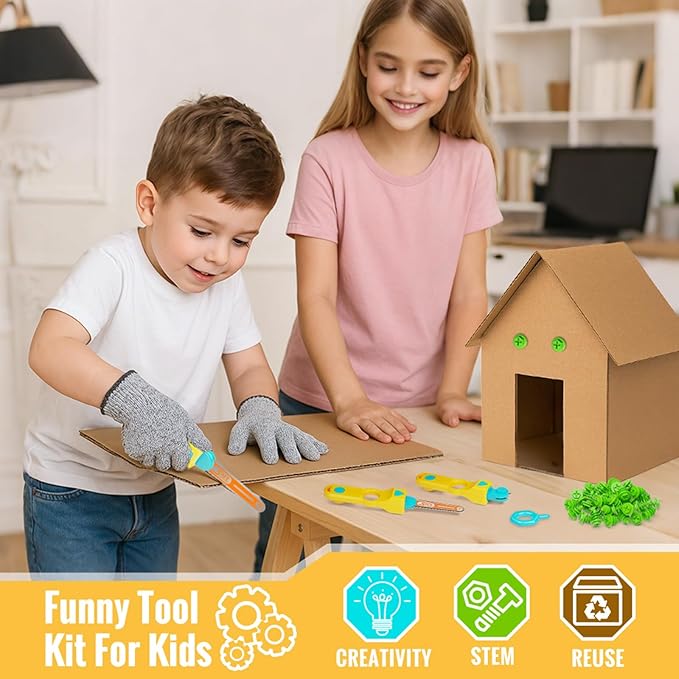 SpringFlower Cardboard Cutter for Kids, 129 PCS Cardboard Tools for Kids, STEM Educational Construction Kit Toys for Boys Girls, DIY Safe Cutting Creative Craft Kit, Gift Birthday for Boys Girls