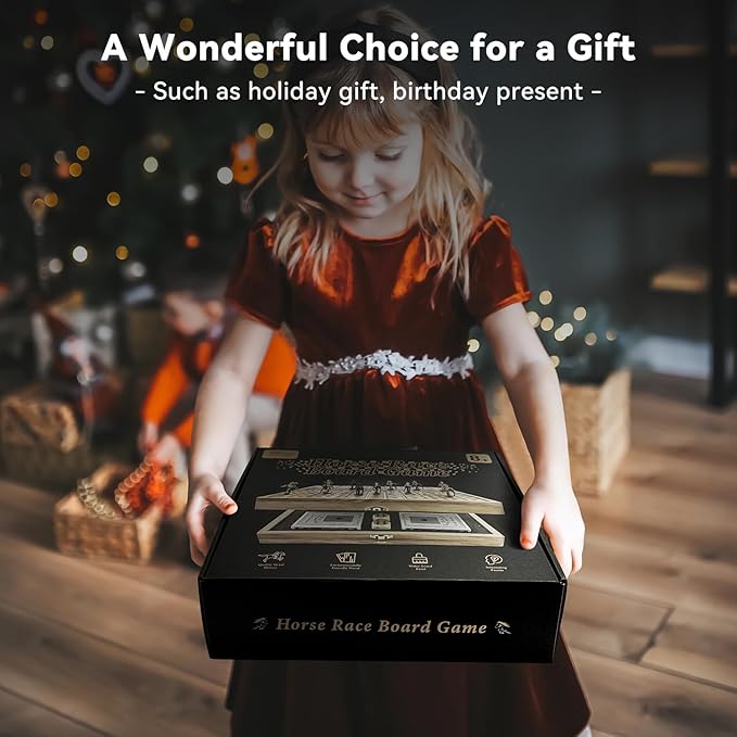 Large 23 inches Horse Racing Board Game with 11 Luxury Metal Horses, Foldable Wood Horse Race Board Game with 2 Sets of Dice, 2 Boxes of Cards for Parties and Gambling