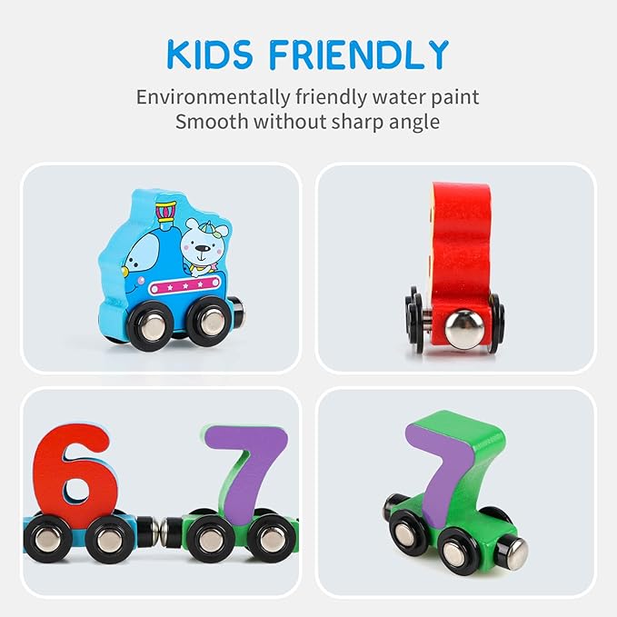 Wondertoys 12 PCS Wooden Number Train Set Toy Includes 1 Engine Cars for Toddlers Boys and Girls, Compatible with Major Brands Train Set Tracks