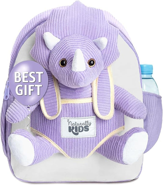 Naturally KIDS Purple Dinosaur Backpack for Girls 4-5, Triceratops Backpack, Dinosaur Gifts for 4-5 Year Old Girls