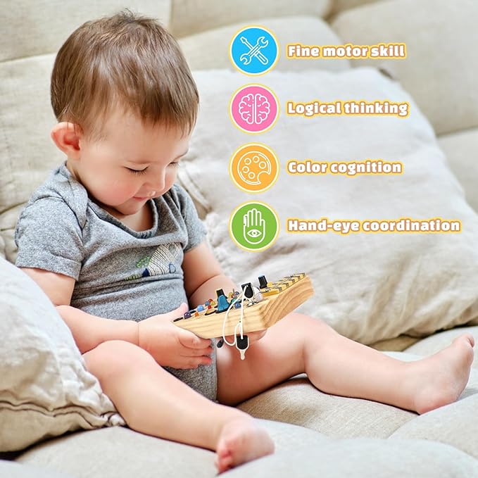 Joyreal Montessori Busy Board Wooden Sensory Toys for Toddler with LED Light Up Switch, Baby Fidget Board Travel Toys for 18+ Months, Boys Girls Birthday, Medium