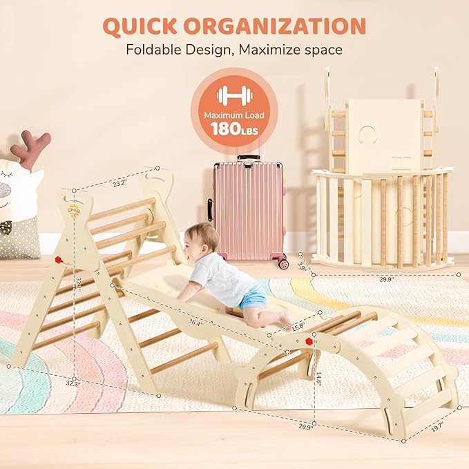 Pikler Triangle Set 7-in-1 Foldable Montessori Wooden Climbing Toys for Toddlers 1-5 Years Indoor Jungle Gym with Slide, Arch Ladder & Ramp Solid Wood Baby Activity Climber
