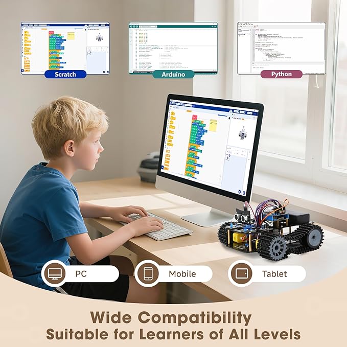 Robotics Kit for Kids Ages 8–12, Smart Robot Tank Car Compatible with Arduino & Scratch, STEM Toys for Boys Ages 8–12, App & Remote Control, Birthday Gift for Boys, Girls and Adults