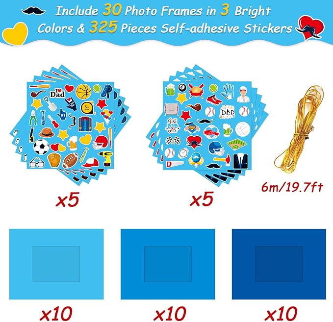 chiazllta 30 Packs Fathers Day Craft Kits for Kids Father's Picture Frame DIY Craft Art Father’s Day Party Decoration Favor Home Classroom Game Activities