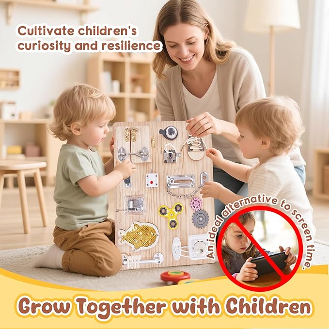 Wooden Montessori Large Busy Board for 1 2 3 4 Year Old, Sensory Activity Busy Board for Toddler Kids Baby Boys Girls, Travel Educational Toy for ADHD & Autistic Children