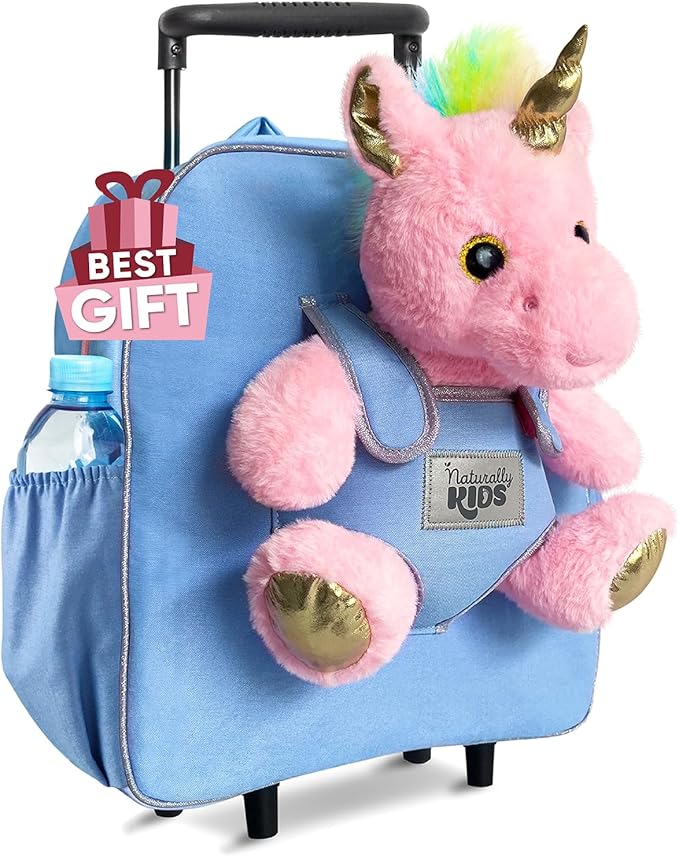 Toddler Luggage for Girls w Unicorn Toys, Kids Rolling Backpack for Girls, Toddler Suitcase, Gifts for 3 4 5 6 Year Old