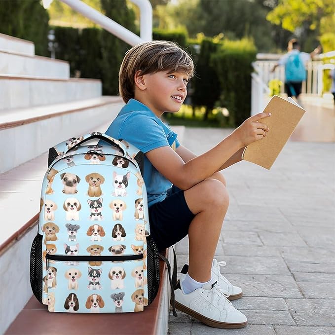 Dog Backpacks for Kids, Large Capacity Backpack for School, Cute Blue Doggy Print Lightweight Bookbag for Boys & Girls