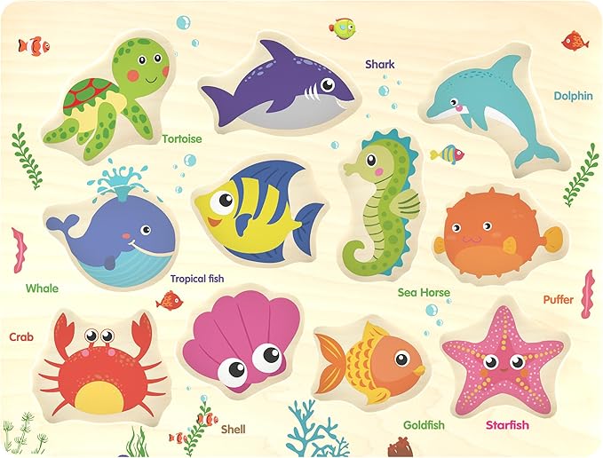 Wooden Peg Puzzle, Sea Creature Chunky Baby Puzzles, Colorful Wood Shape Puzzle Peg Board, Animal Knob Puzzles for Educational Toddlers 18 Months and Up, 11 Pieces