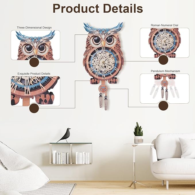 Kosmickiss 3D Wooden Puzzles for Adults, Owl Wooden Clock, DIY Model Building Kits for Adults, Owl Gifts for Women, Creative Decor for Home