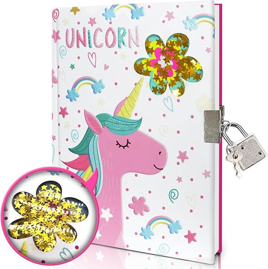 GINMLYDA Girls Diary with Lock for Kids, Unicorn Diaries 7.1x5.3 160 Pages Cute Girl Journal Secret Notebook with Lock and Key for Little Kid Writing Drawing Gift for Pre school Age 6,8,12