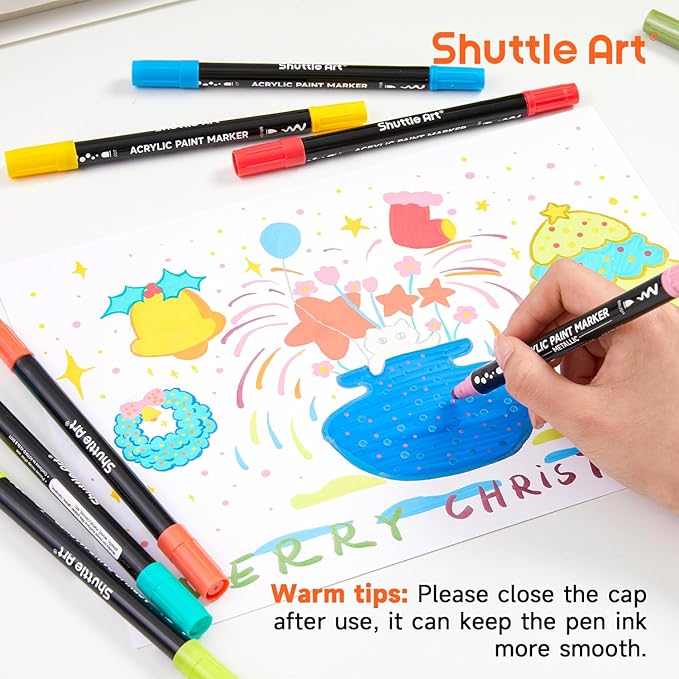 Shuttle Art 28 Colors Dual Tip Acrylic Paint Markers, Brush Tip and Dot Tip Acrylic Paint Pens for Rock Painting, Ceramic, Wood, Canvas, Plastic, Glass, Stone, Calligraphy, Card Making, DIY Crafts
