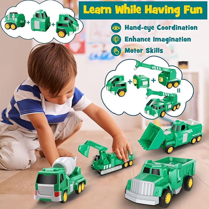 Laradola Toys for 3 4 5 6 Year Old Boys - Transform Robot Kids Toys Cars | STEM Building Toddler Toys for Ages 3+ | 5 in 1 Construction Christmas Birthday Gifts for Boys Girls