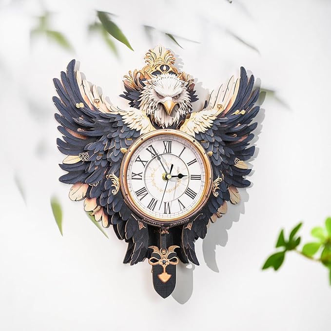 KAAYEE 3D Puzzle for Adult, Wooden Eagle Pendulum Clock Mechanical Model Kit, 33 PCS DIY Vintage Wall Clock Building Kit, Creative Craft Gift for Birthday Home Decor (Battery Not Included)