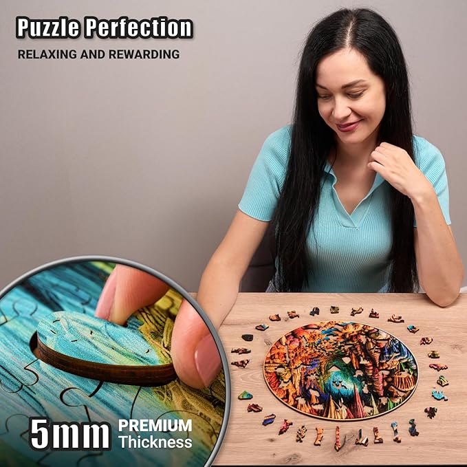 LEOGOR Wooden Jigsaw Puzzles for Adults 200 Pieces (11.6 × 11.5 in), Cave Puzzle, Extra-Thick 5mm Wood, Round 3D Mosaic Design, Unique Animal Shapes, Relaxing Artistic Gift for Adults and Teens