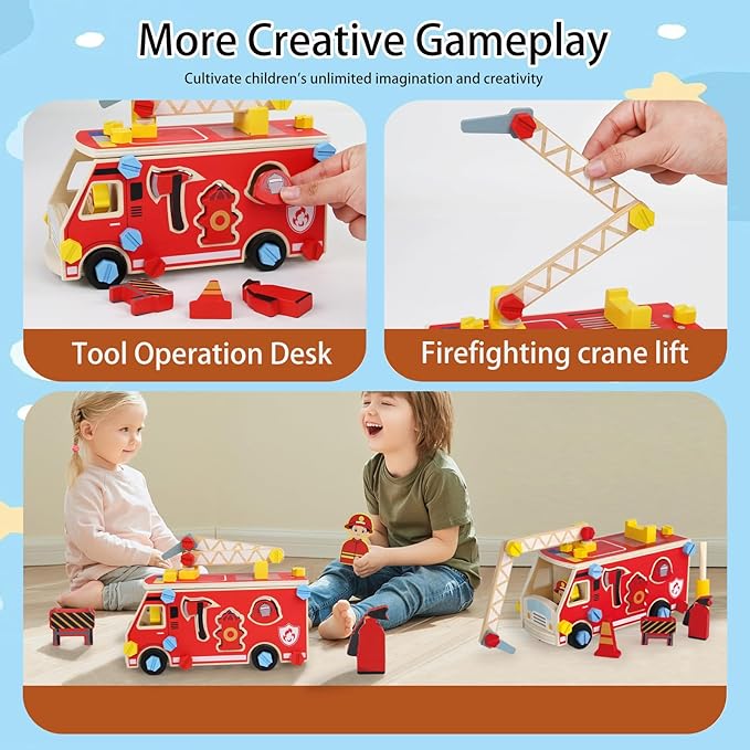 Wooden Fire Truck Toy – Take-Apart STEM Vehicle with Firefighter Tools & Shape Sorting, Montessori Educational Gift for Toddlers Boys Girls Ages 3+