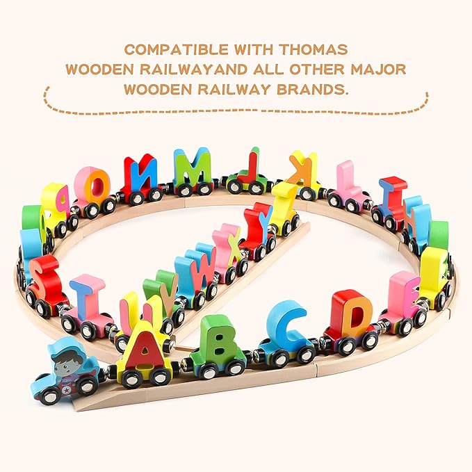 Wondertoys 27 PCS Wooden Alphabet Train Toy Wooden Magnetic Alphabet ABC Train Set
