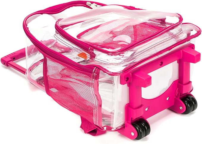 K-Cliffs Rolling Clear Backpack Heavy Duty Bookbag Quality See Through Workbag Travel Daypack Transparent School Book Bags w/Wheels Hot Pink