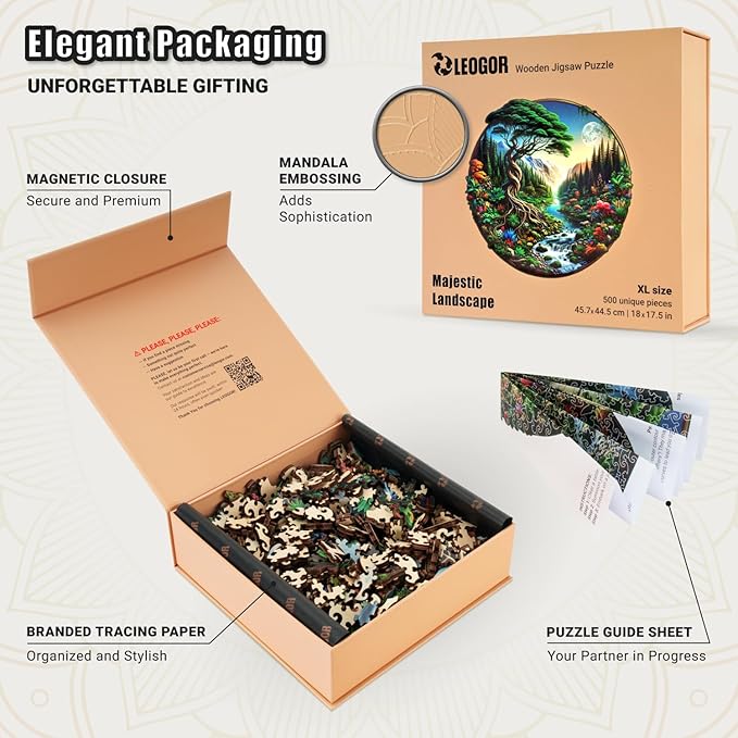 LEOGOR 500 Piece Wooden Puzzles for Adults (18 x 17.5 in), Extra-Thick 5mm Wood, Round Majestic Landscape Puzzle with Unique Nature-Inspired Shapes, Challenging, Premium Gift for Puzzle Lovers