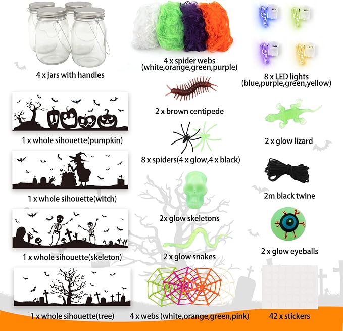 Shemira Halloween Craft Kit for Kids, 4 pcs Glass Mason Jar with Accessories for DIY Lantern Jar, Halloween Art & Craft Party Supplies, Art Activities