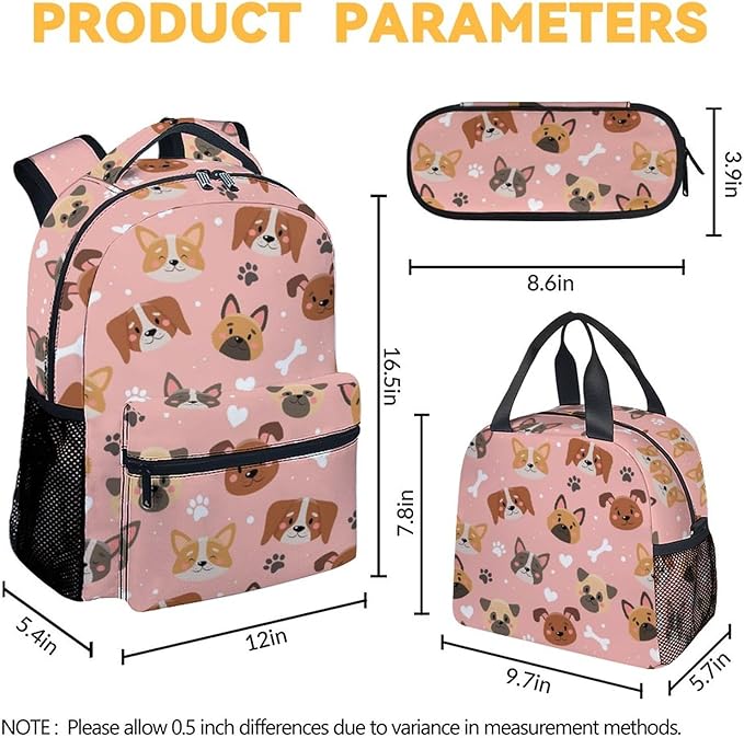 Dog Backpack with Lunch Box, Set of 3 School Backpacks Matching Combo, Cute Pink Bookbag and Pencil Case Bundle