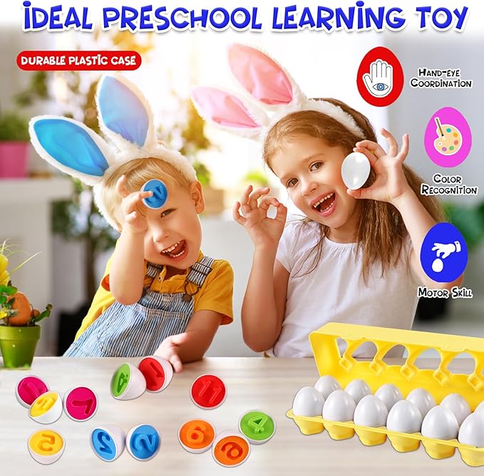 LOOIKOOS Matching Eggs for Toddlers-12PCS Preschool Educational Learning Color & Number Recognition Sorting Skills,Easter Gifts Basket Stuffers