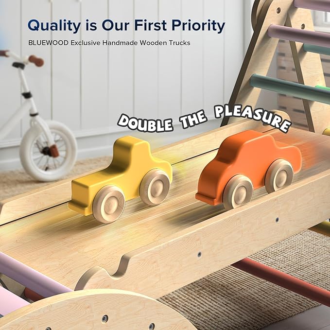 BlueWood Pikler Triangle Set 7in1 Foldable Baby Climbing Toys Wooden Montessori Climbing Set with Arch&Ramp&Ladder Baby Climber Indoor Jungle Gyms for Toddlers Montessori Toys - Mauve Pink