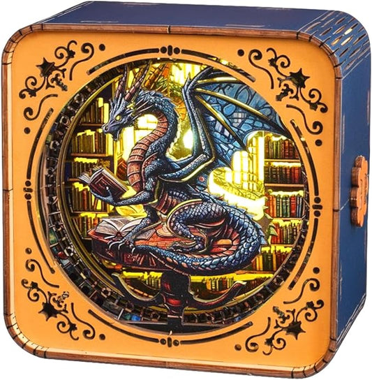 3D Wooden Puzzle Night Light, Library Dragon DIY Puzzles for Adults, Eye Care Night Light with Touchable Switch, Personalized Gifts for Family Friend DIY Puzzle Lover