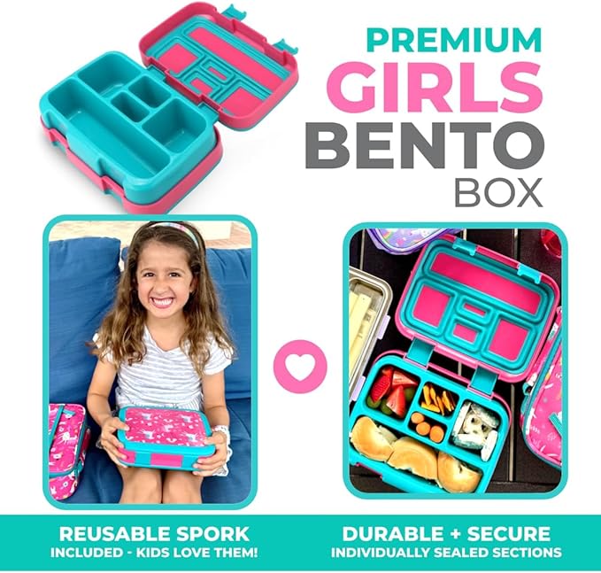 Bento Box with Lunch Bag, Insulated Stainless Steel Thermo for Hot-Cold Food or Soup, Ice Pack Set for Kids Girls Toddlers Snacks for Daycare, Ages 3 to 7, Pink Unicorn