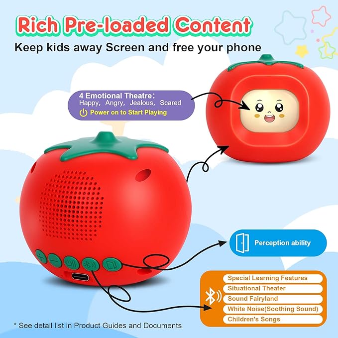 Kids Story Box Audio Player Starter with Tomato Face-Changing, Early Emotional Education Toy & Storyteller, Preloaded 200+ Stories/Music, Bluetooth, Birthday Gift for Boys Girls-Red