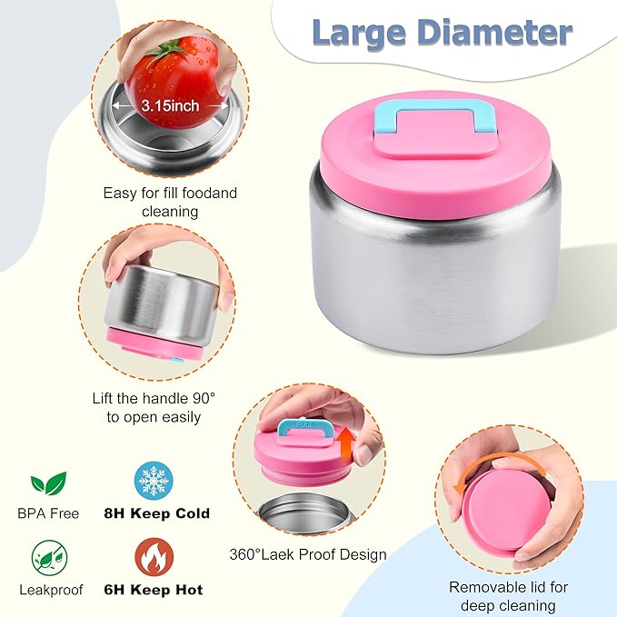 MAISON HUIS Kids Bento Box Set - Includes 8oz Soup Thermo, Insulated Lunch Bag & 17oz Stainless Steel Water Bottle, 5-Compartment Bento Box with Built-In Ice Pack, Leak-Proof & BPA-Free(Pink)